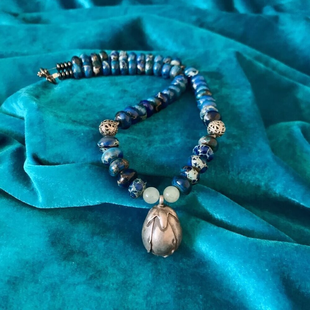 Azurite blue bead necklace with sterling silver closed flower pendant